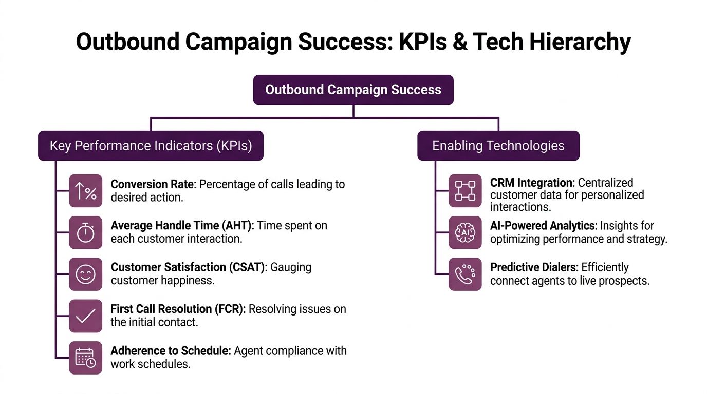 Outbound Call Center Services: A Strategic Growth Guide 3 A hierarchy chart illustrating key performance indicators and enabling technologies for successful outbound call center campaigns.