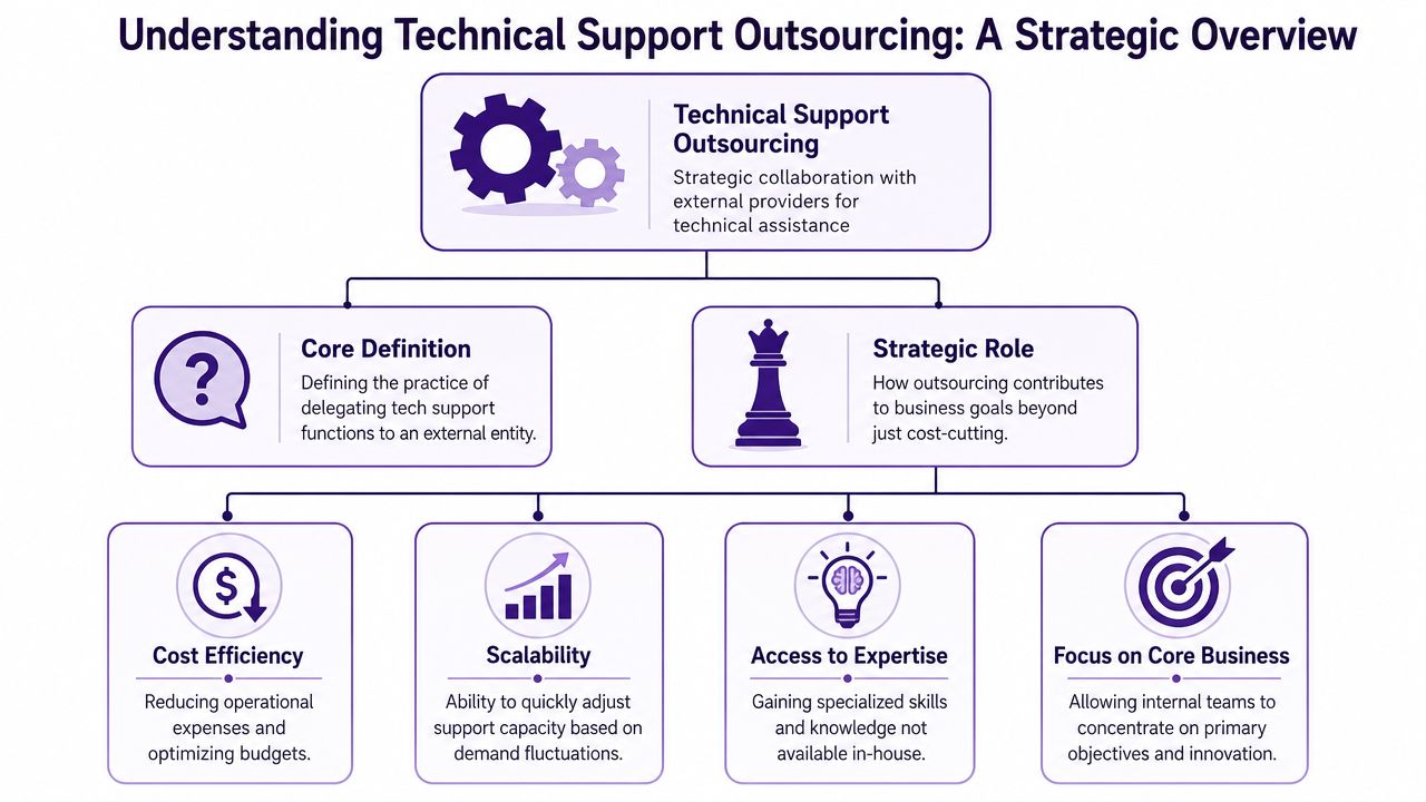 Technical Support Outsourcing: Your 2026 Guide 1 A flowchart explaining the benefits and strategic definition of technical support outsourcing for modern business operations.