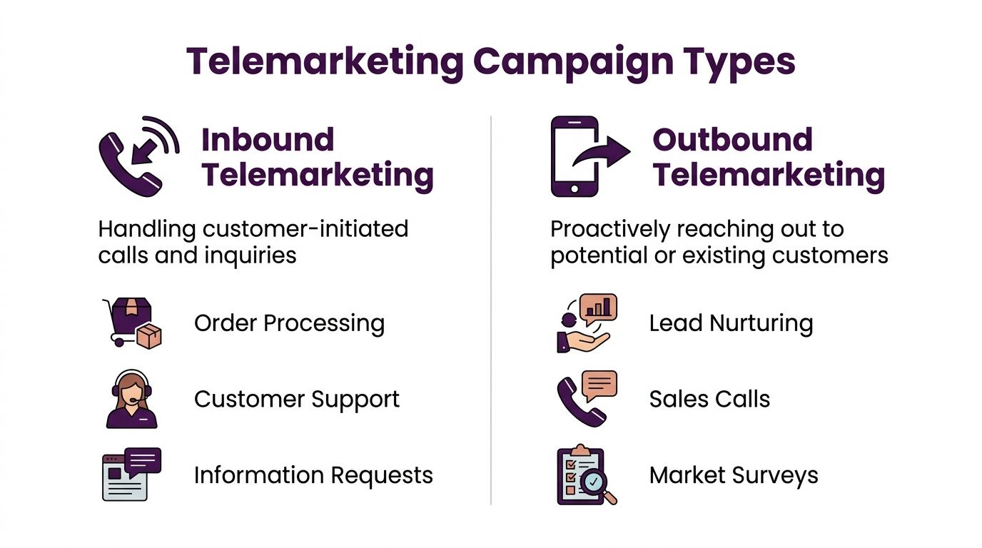 Telemarketing Services: A Complete Guide for 2026 2 A chart comparing Inbound Telemarketing with customer-initiated calls and Outbound Telemarketing with proactive customer outreach.