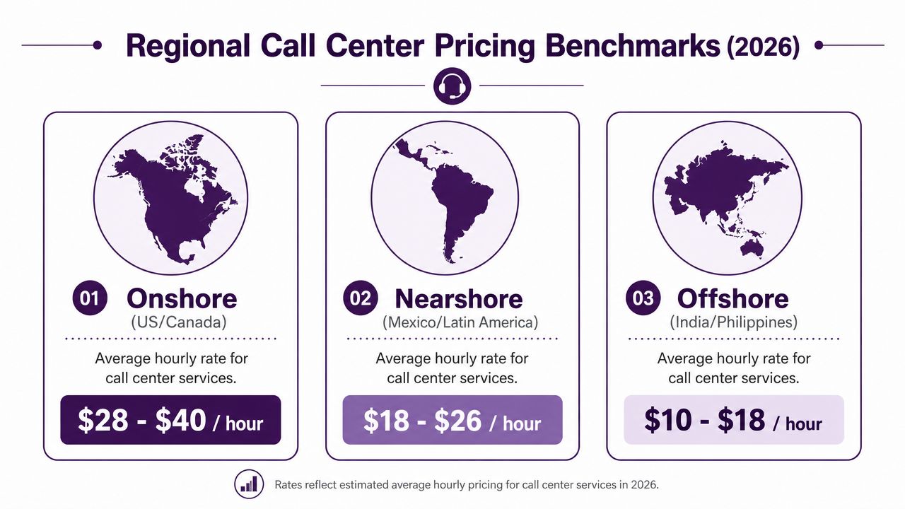 Master Call Center Pricing: 2026 Guide to Value 2 A chart showing the 2026 regional hourly pricing benchmarks for call center services across three global regions.