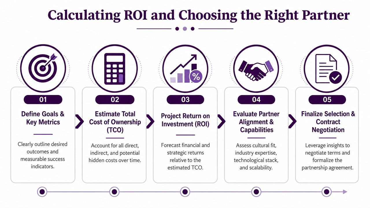 Master Call Center Pricing: 2026 Guide to Value 4 A five-step process infographic on calculating ROI and choosing a business partner for services.