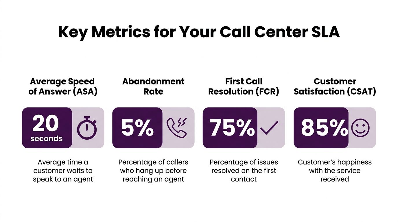 Call Center Service Level Agreements: A Practical Guide 2 An infographic displaying four essential call center metrics including ASA, Abandonment Rate, FCR, and CSAT scores.