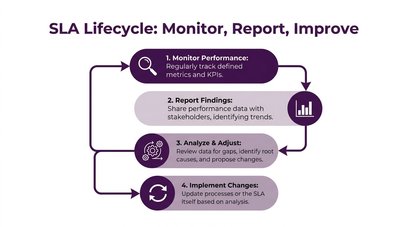 Call Center Service Level Agreements: A Practical Guide 4 A diagram illustrating the four-step SLA lifecycle process including monitoring, reporting, analyzing, and implementing improvements.