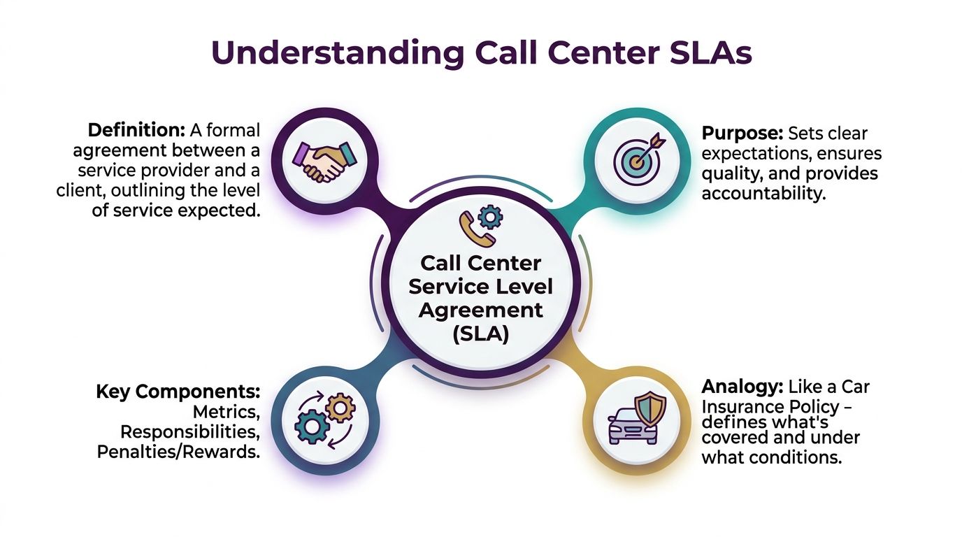 Call Center Service Level Agreements: A Practical Guide 1 An infographic defining and explaining the purpose, components, and analogy of a call center service level agreement.
