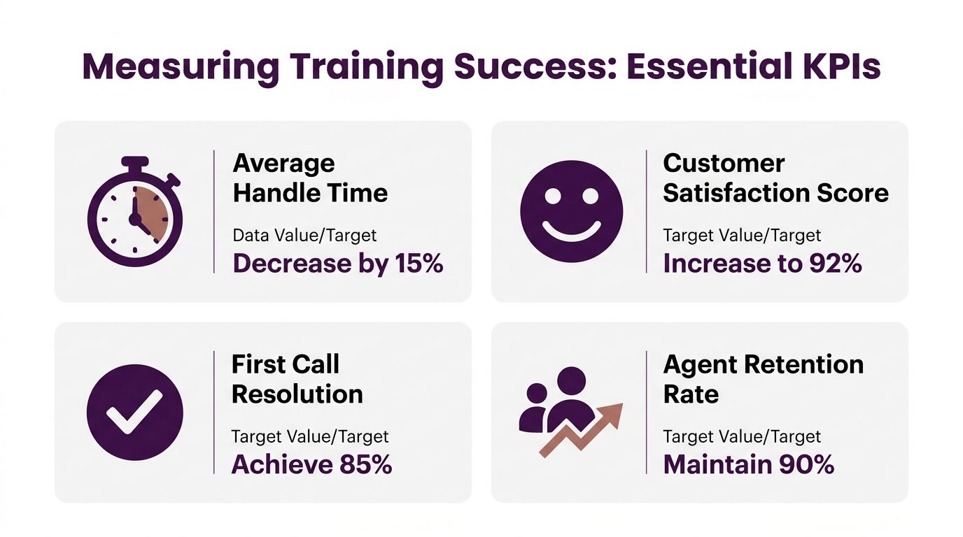 Call Center Training Programs: Reduce Attrition 4 An infographic titled Measuring Training Success showing four key performance indicators for call center training programs.
