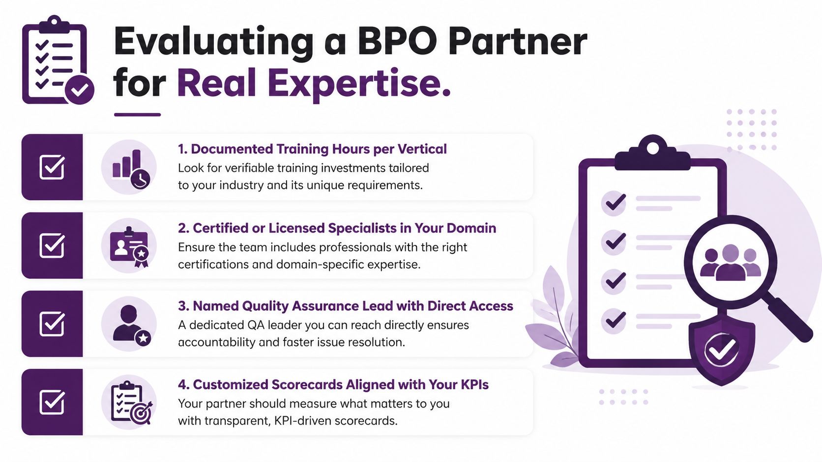 Industry Expertise: Drive ROI & Compliance 2 An infographic showing four key criteria for evaluating the industry expertise of a potential BPO partner.