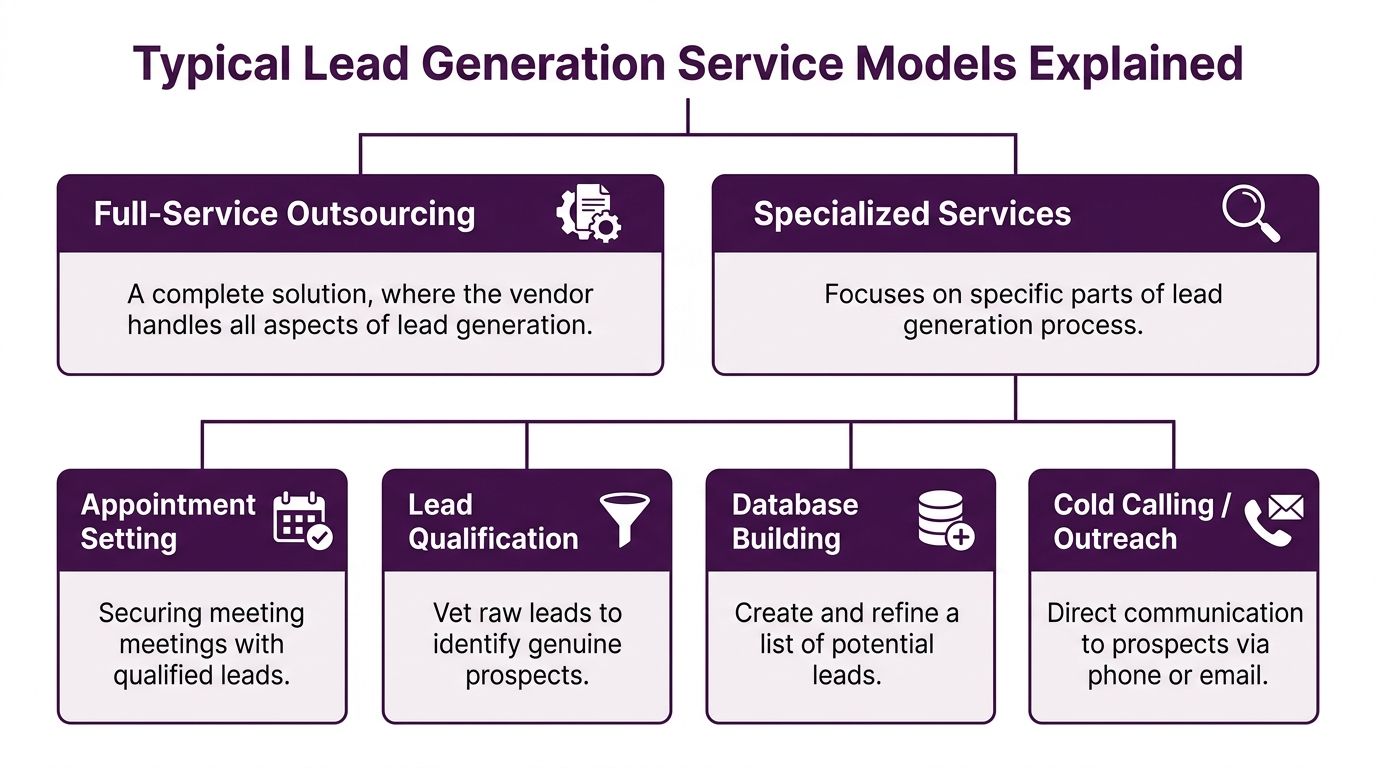Grow Your Business: Lead Generation Outsourcing Philippines 1 A diagram illustrating two primary lead generation service models: full-service outsourcing and specialized individual services.