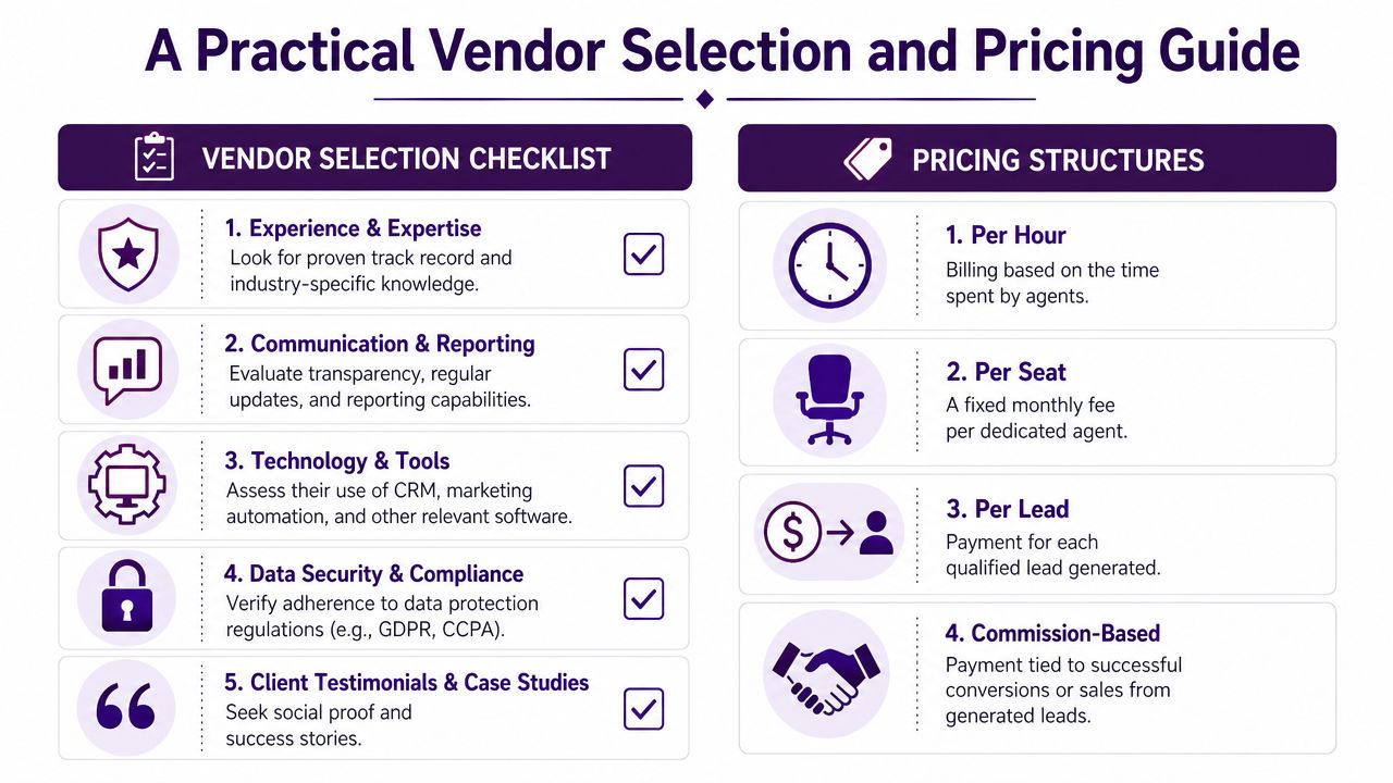 Grow Your Business: Lead Generation Outsourcing Philippines 3 A guide showing a vendor selection checklist and various pricing structures for lead generation outsourcing services.