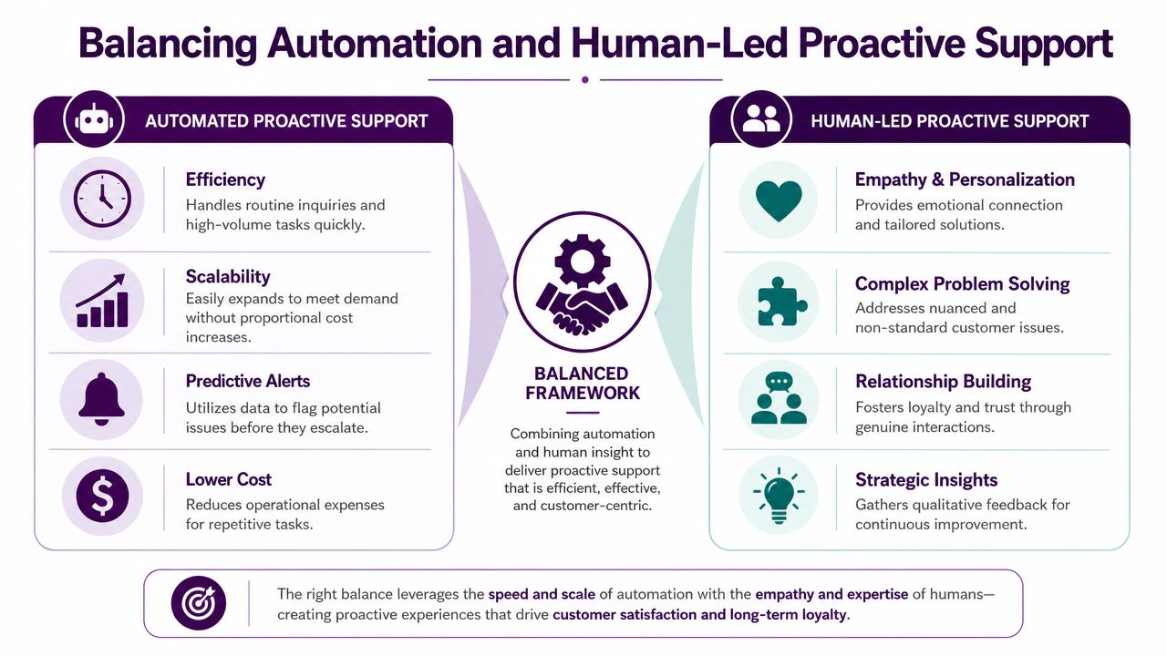 Your Guide to Proactive Customer Care: A 2026 Framework 2 A diagram illustrating the balanced framework between automated systems and human-led proactive customer support strategies.