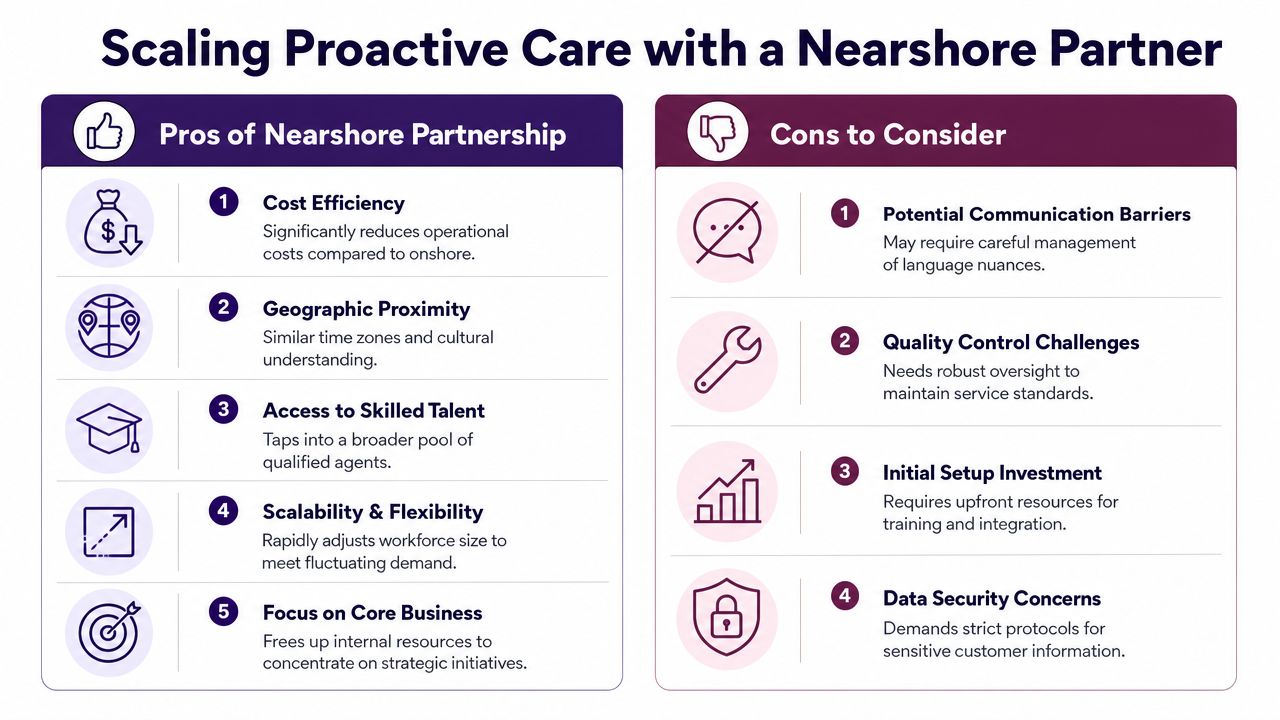 Your Guide to Proactive Customer Care: A 2026 Framework 4 A comparison chart highlighting the benefits and potential drawbacks of using a nearshore partner for proactive customer care.