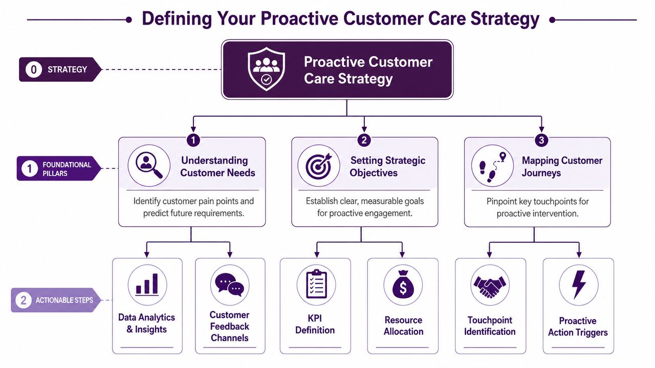 Your Guide to Proactive Customer Care: A 2026 Framework 1 An organizational flowchart illustrating the foundational pillars and actionable steps for a proactive customer care strategy.