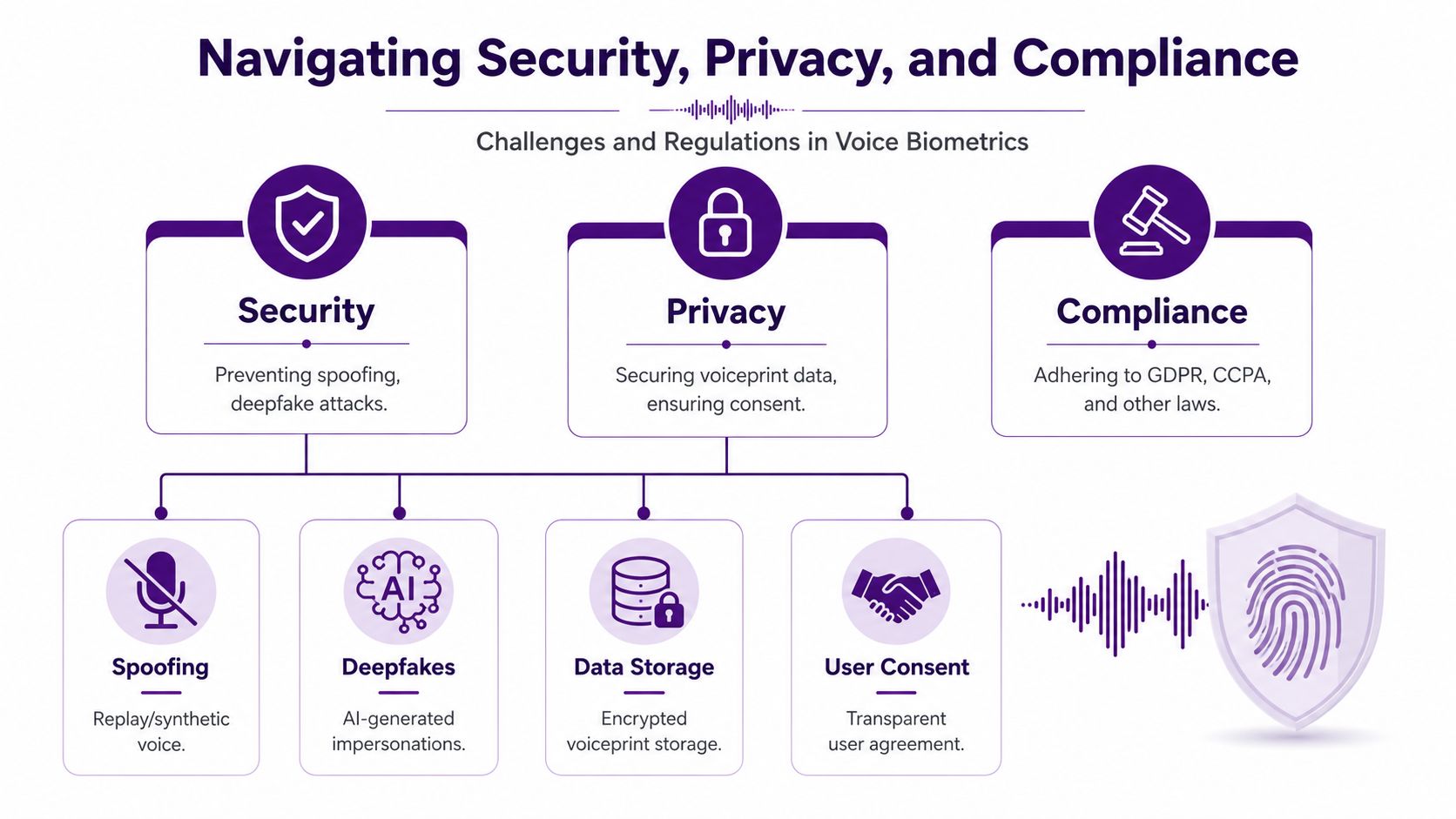 Secure Call Centers with Voice Biometrics Authentication 2 A diagram illustrating the key challenges and regulations surrounding voice biometrics, including security, privacy, and compliance.