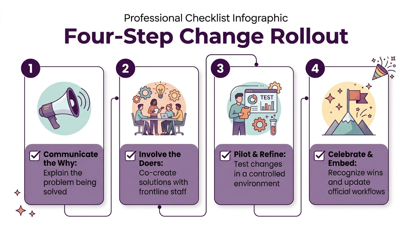 Business Process Improvement That Actually Works 3 A professional infographic illustrating a four-step change rollout process for businesses to improve operational workflows effectively.