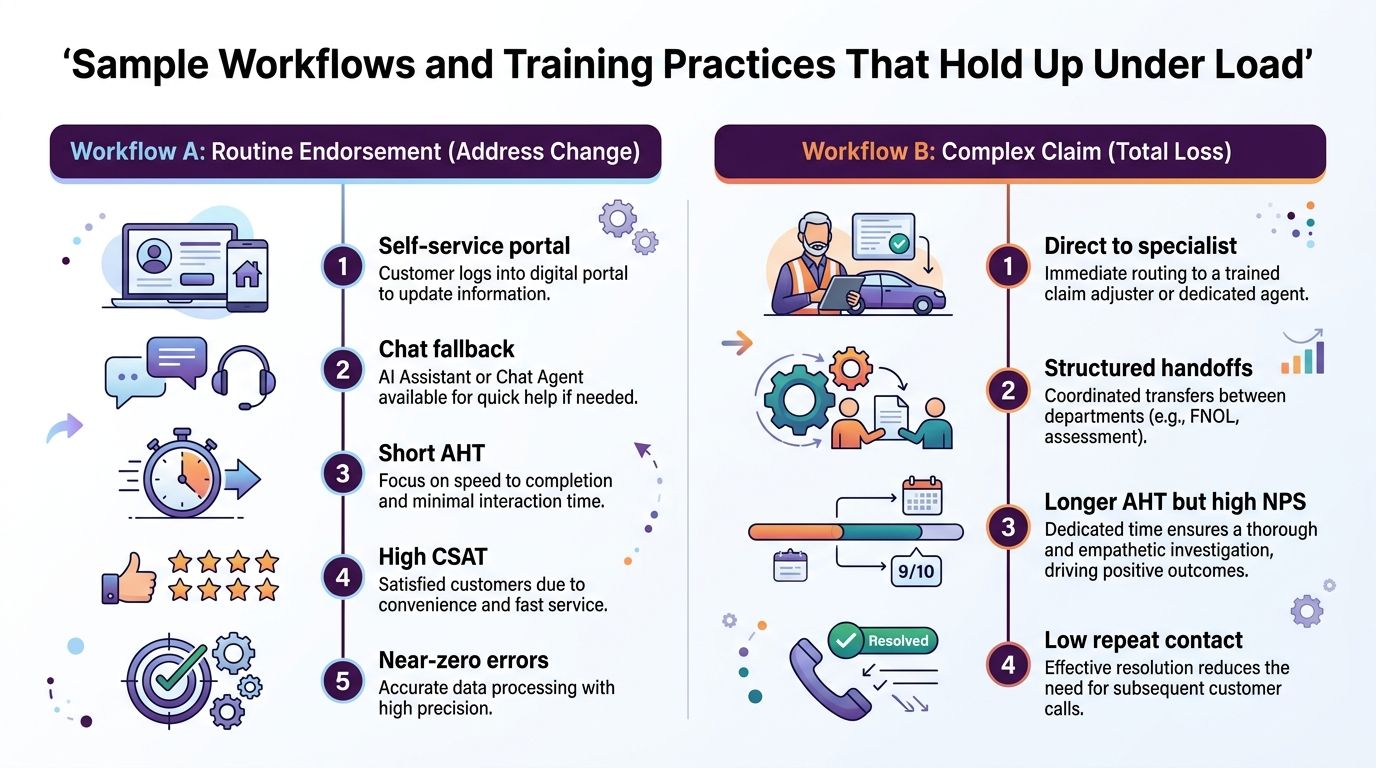 Insurance Customer Service: KPIs & 2026 Playbook 4 A comparison infographic showing insurance workflows for routine address changes and complex total loss claim processing.