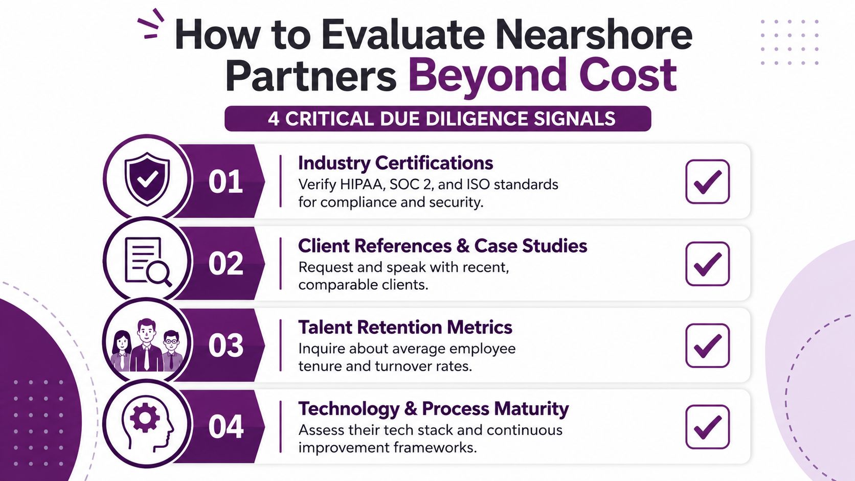 Nearshore Outsourcing Solutions: A 2026 Guide 2 An infographic detailing four essential due diligence signals for evaluating nearshore outsourcing partners beyond cost considerations.