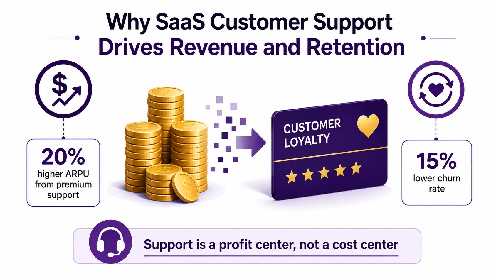 SaaS Customer Support: Models, Metrics and Scaling Tips 1 An infographic illustrating how SaaS customer support drives revenue through higher ARPU and increased customer loyalty.