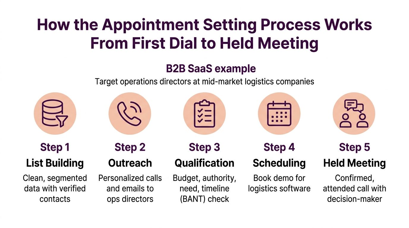 What Is Appointment Setting and How It Works 1 A flowchart showing the five steps of the B2B SaaS appointment setting process from dialing to meeting.