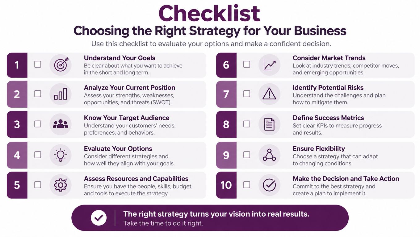 Inbound vs Outbound Call Center Strategy Guide 3 A checklist infographic titled Choosing the Right Strategy for Your Business with ten numbered steps for strategic planning.