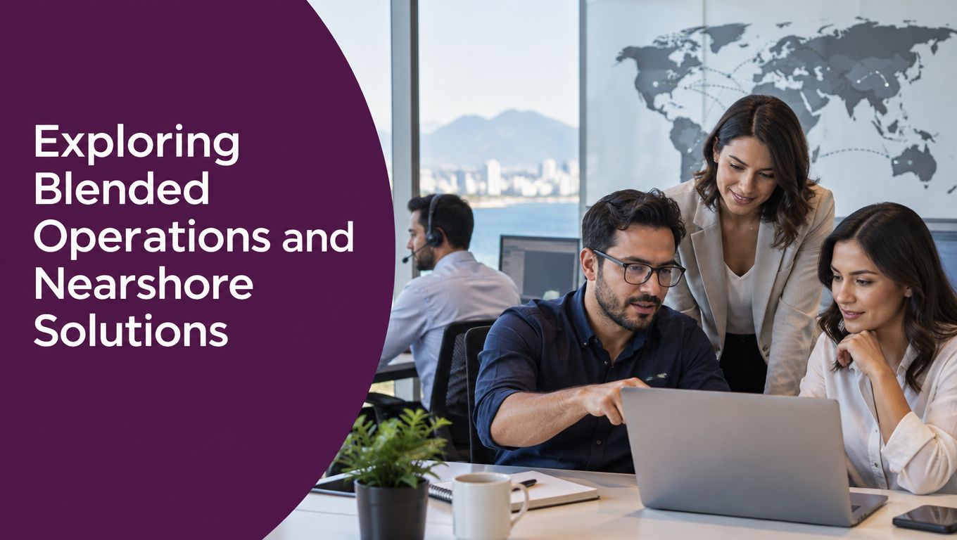 Inbound vs Outbound Call Center Strategy Guide 2 A diverse business team collaborating on a laptop project in a modern office with a world map.