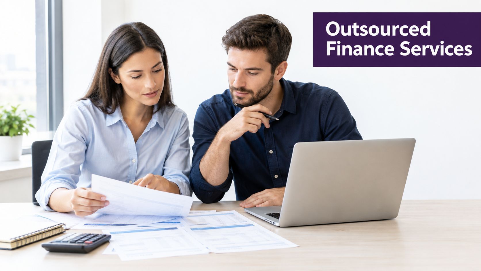 Accounting and Finance Outsourcing: A 2026 Guide 2 A professional man and woman working together on finance documents at an office desk with a laptop.