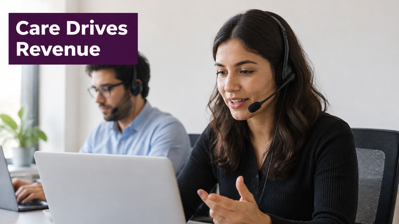 B2B Customer Care Guide: Strategies, KPIs and Outsourcing 1 Customer service representative using a headset and desktop computer to assist a business customer.