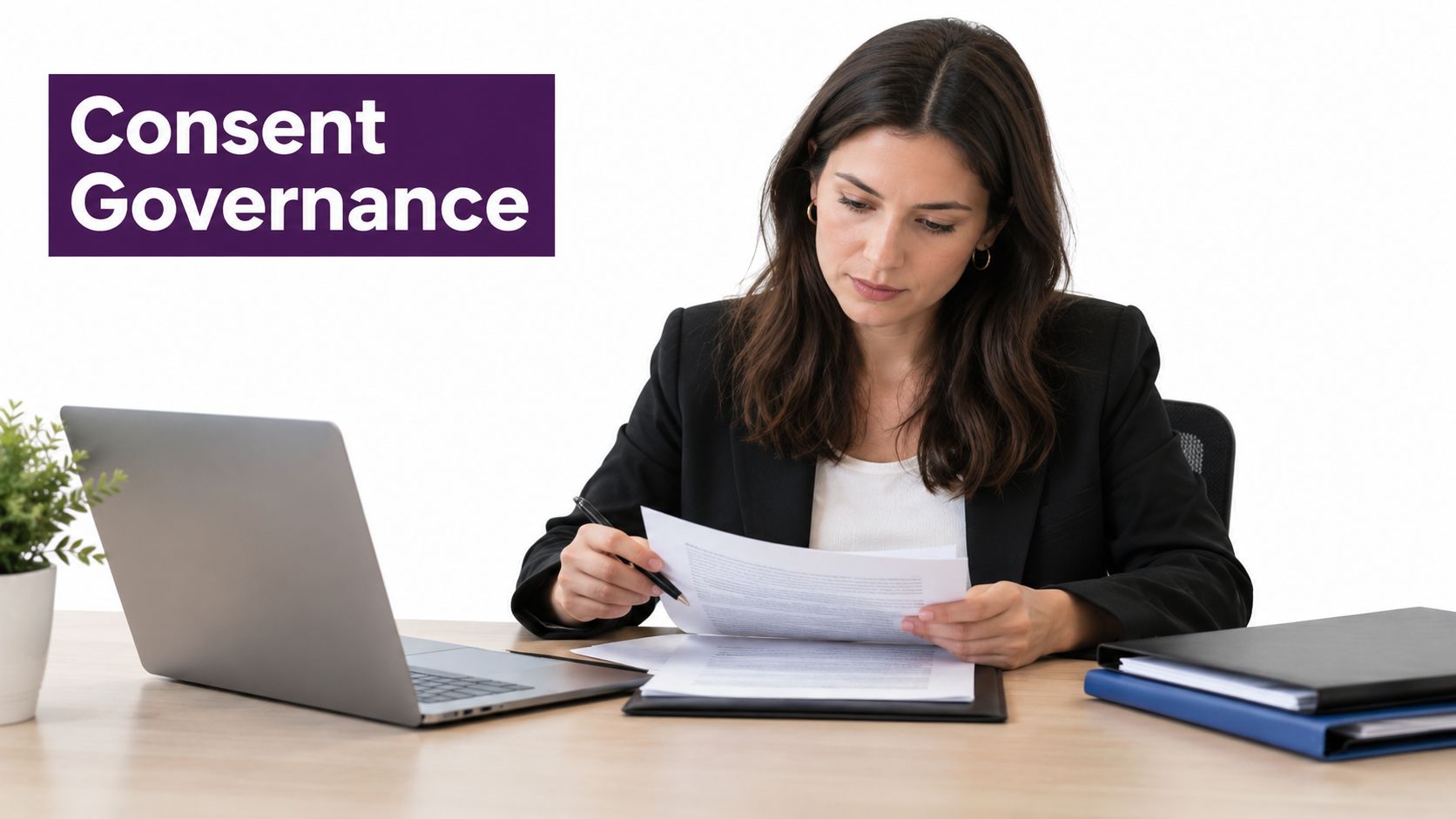 B2B Lead Generation Outsourcing: A Buyer's Guide 3 A professional woman in a business suit reviewing legal documents at her desk for consent governance compliance.