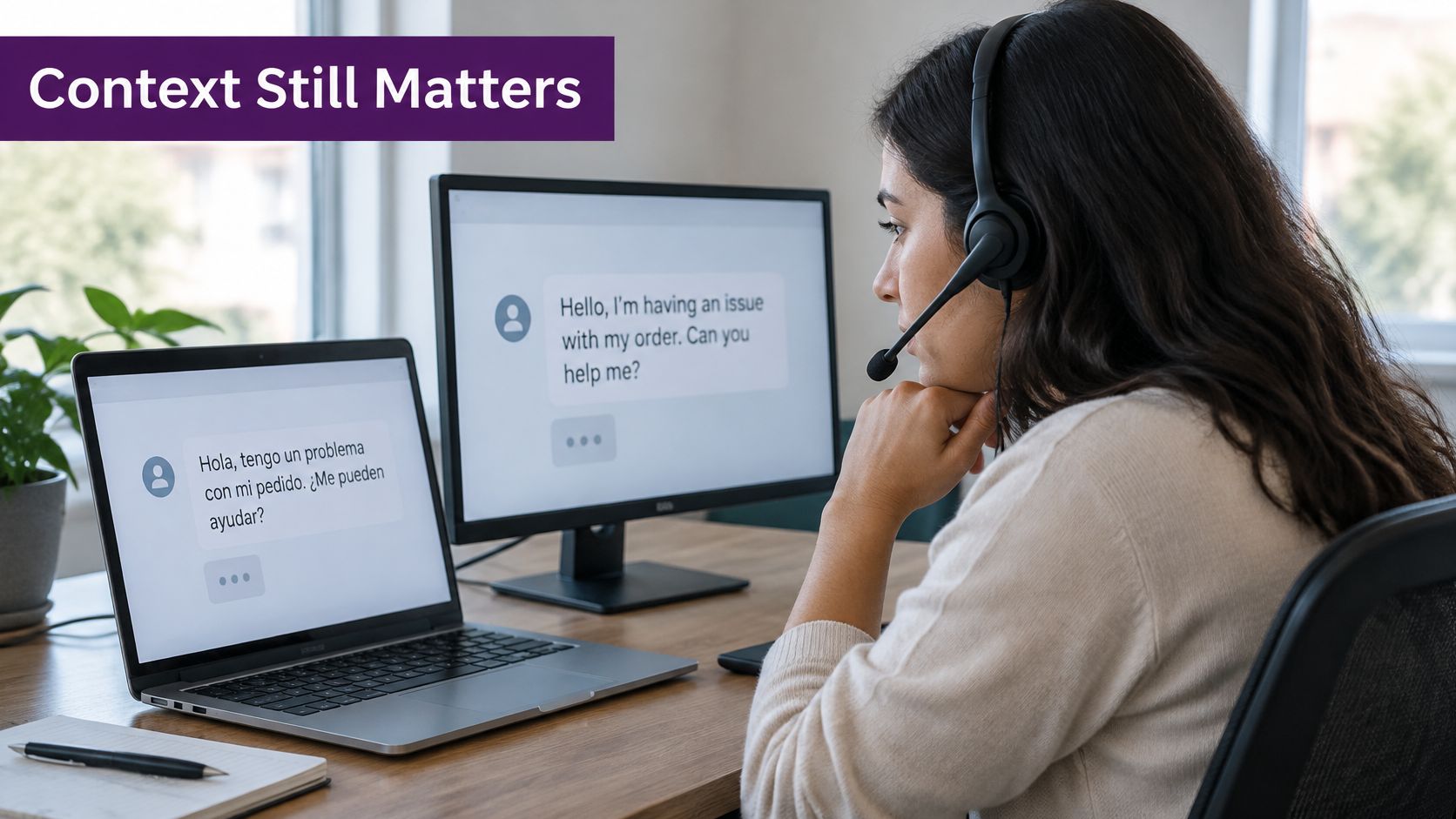 Bilingual Customer Service: Models, ROI and KPIs for 2026 2 A customer service representative wearing a headset reviews chat messages on two different computer screens.