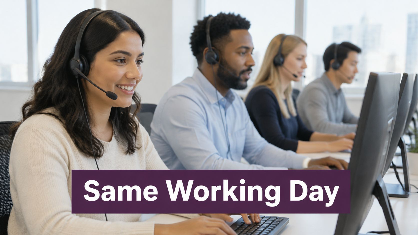 Bilingual Customer Service: Models, ROI and KPIs for 2026 3 A diverse team of customer service representatives wearing headsets while working in a modern office environment.