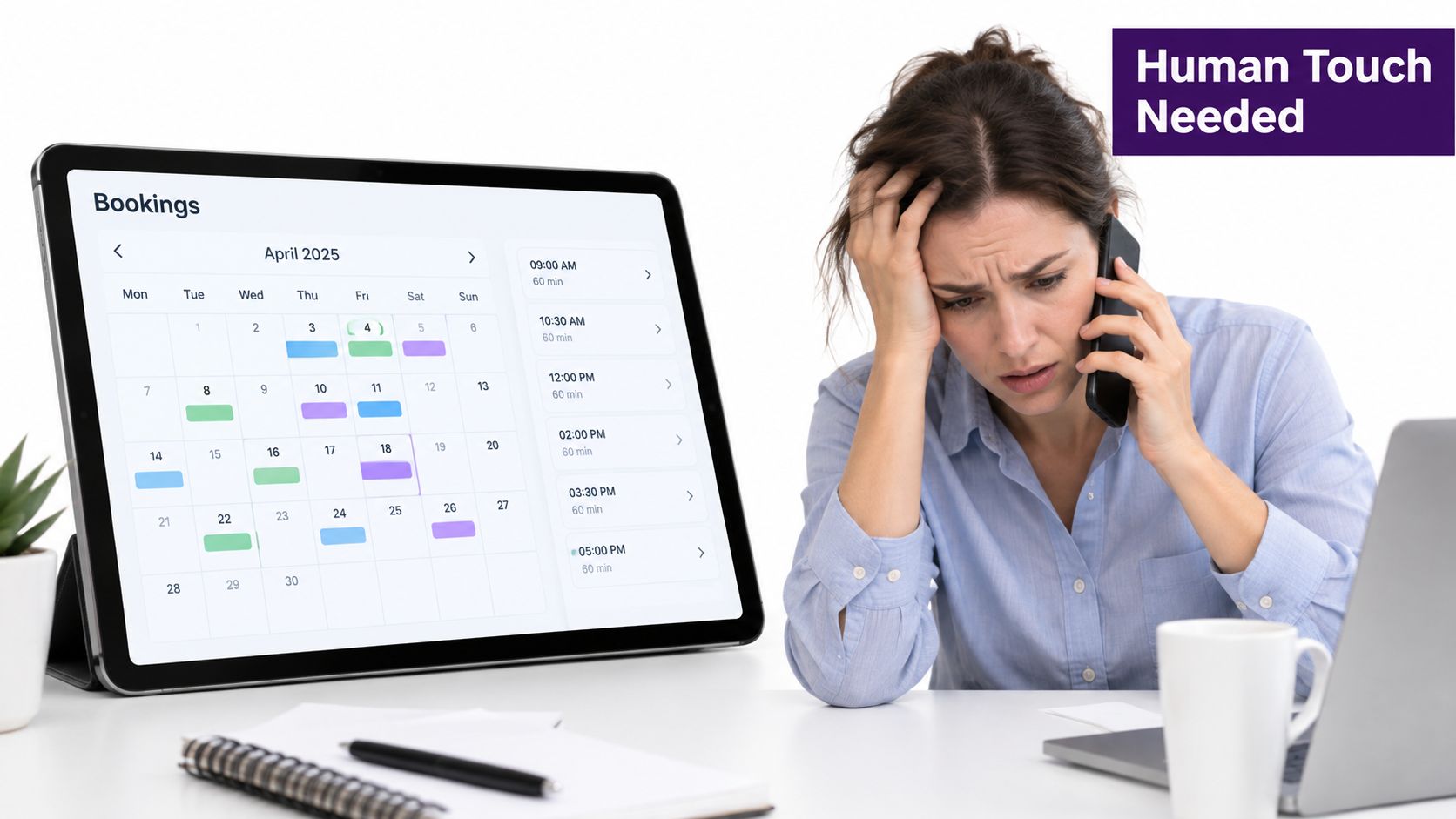 Booking Management Explained: What It Is and Why It Matters 2 A stressed woman talking on her smartphone while looking at a digital tablet with a booking calendar.