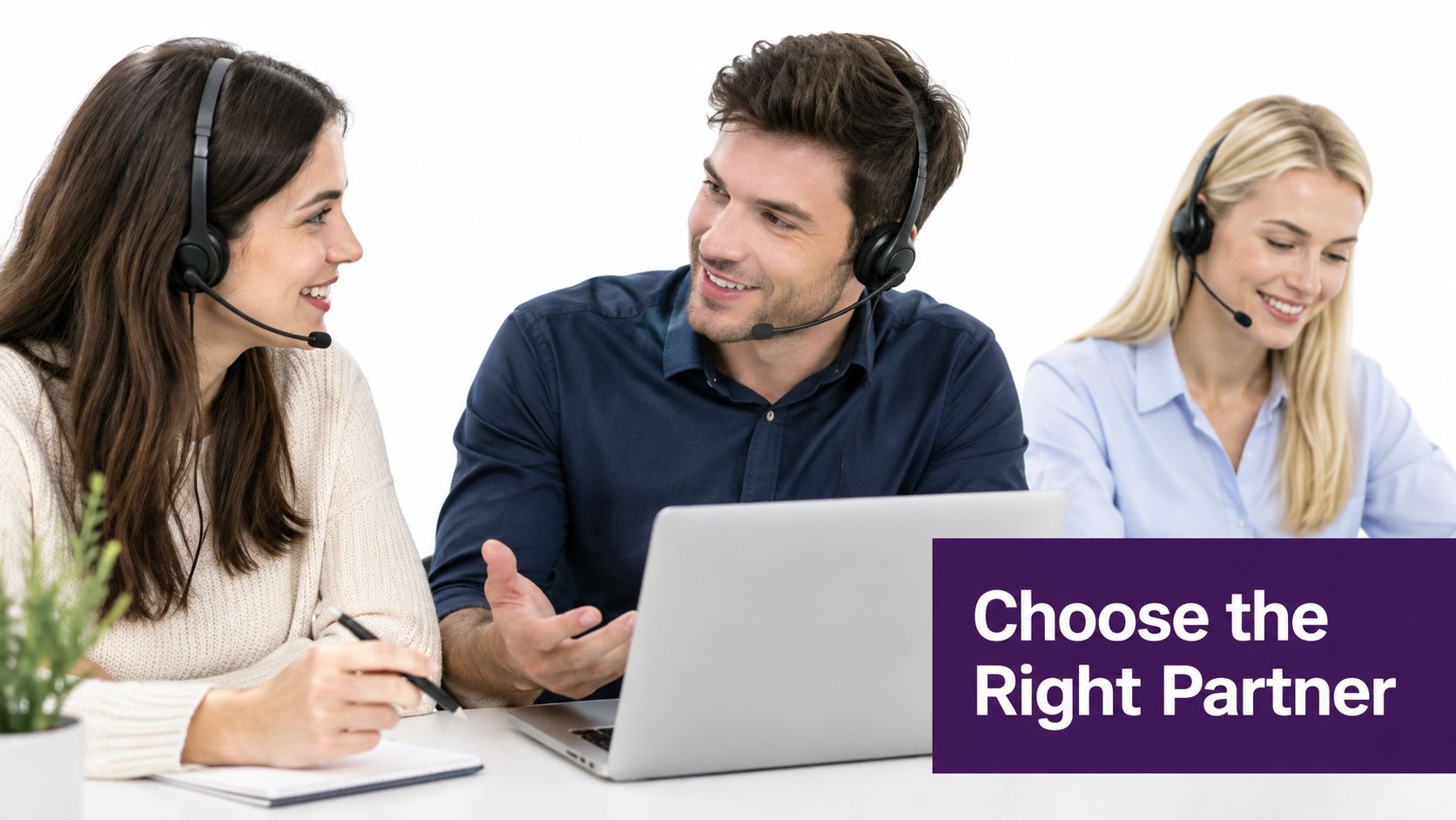 Financial Services BPO Explained for Growing Teams 4 Support representatives wearing headsets in a bright office environment.