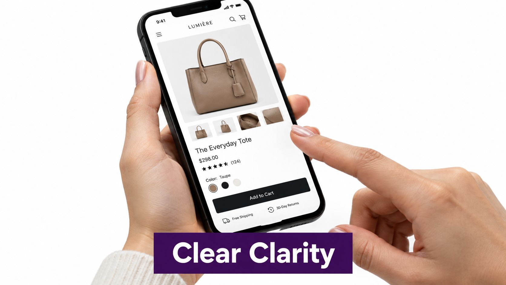 How to Improve Ecommerce Customer Experience in 2026 1 A person using a smartphone to shop for a taupe everyday tote bag on an e-commerce website.