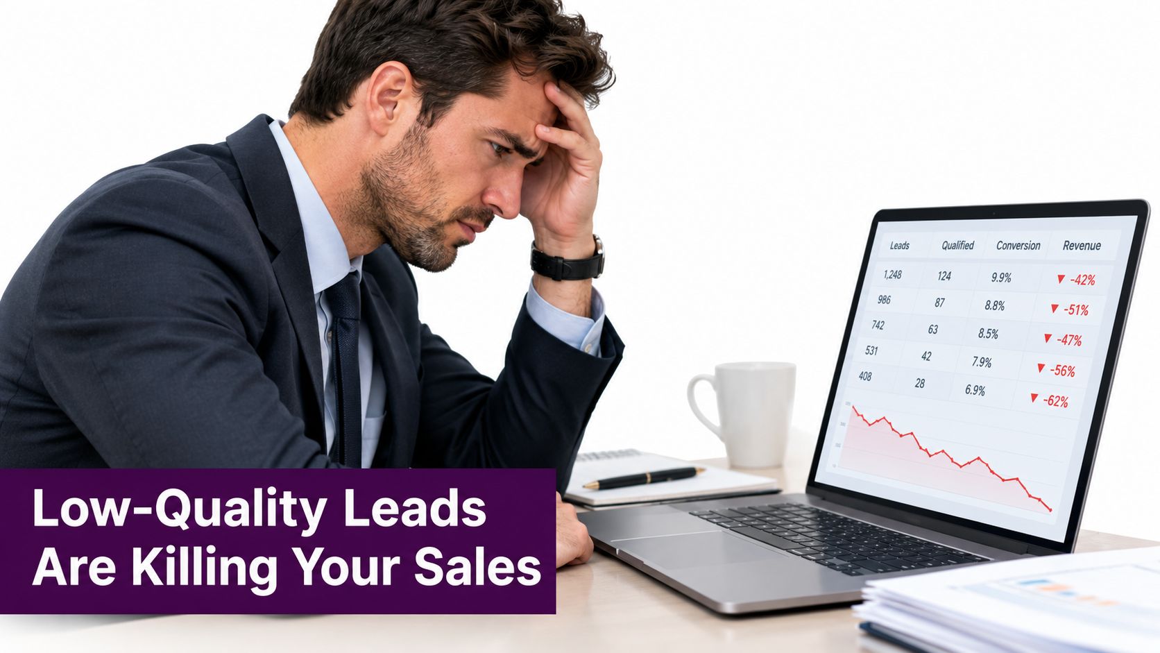 Lead Generation Process in BPO: A Practical Guide 1 A stressed businessman looking at his laptop screen showing a declining sales performance chart and poor data.