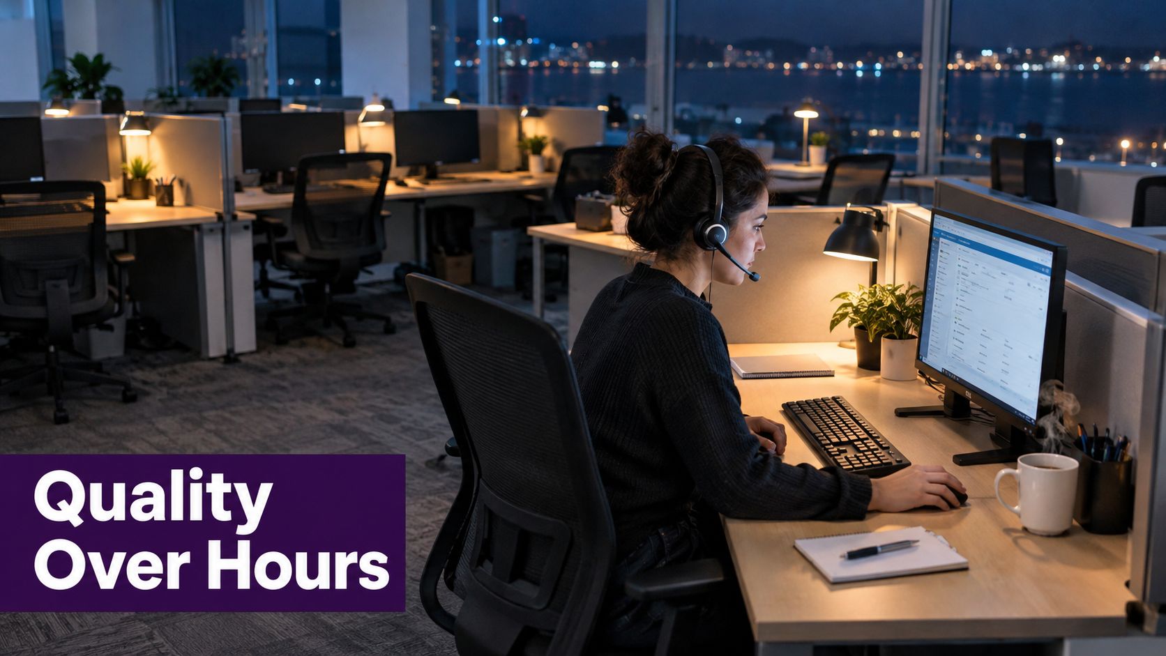 Levels of Services: A Guide for Nearshore Call Centers 3 A focused female employee working late at night in a modern office with headsets on.