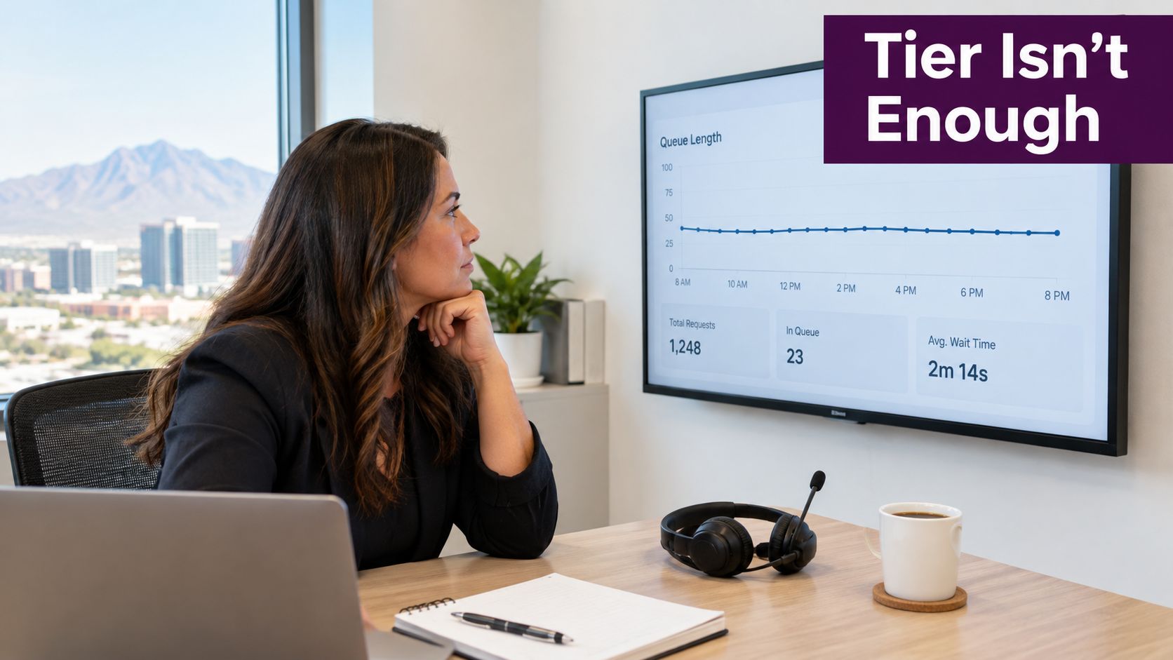 Levels of Services: A Guide for Nearshore Call Centers 1 A businesswoman sits at her desk, analyzing queue metrics on a large wall-mounted monitor in her office.