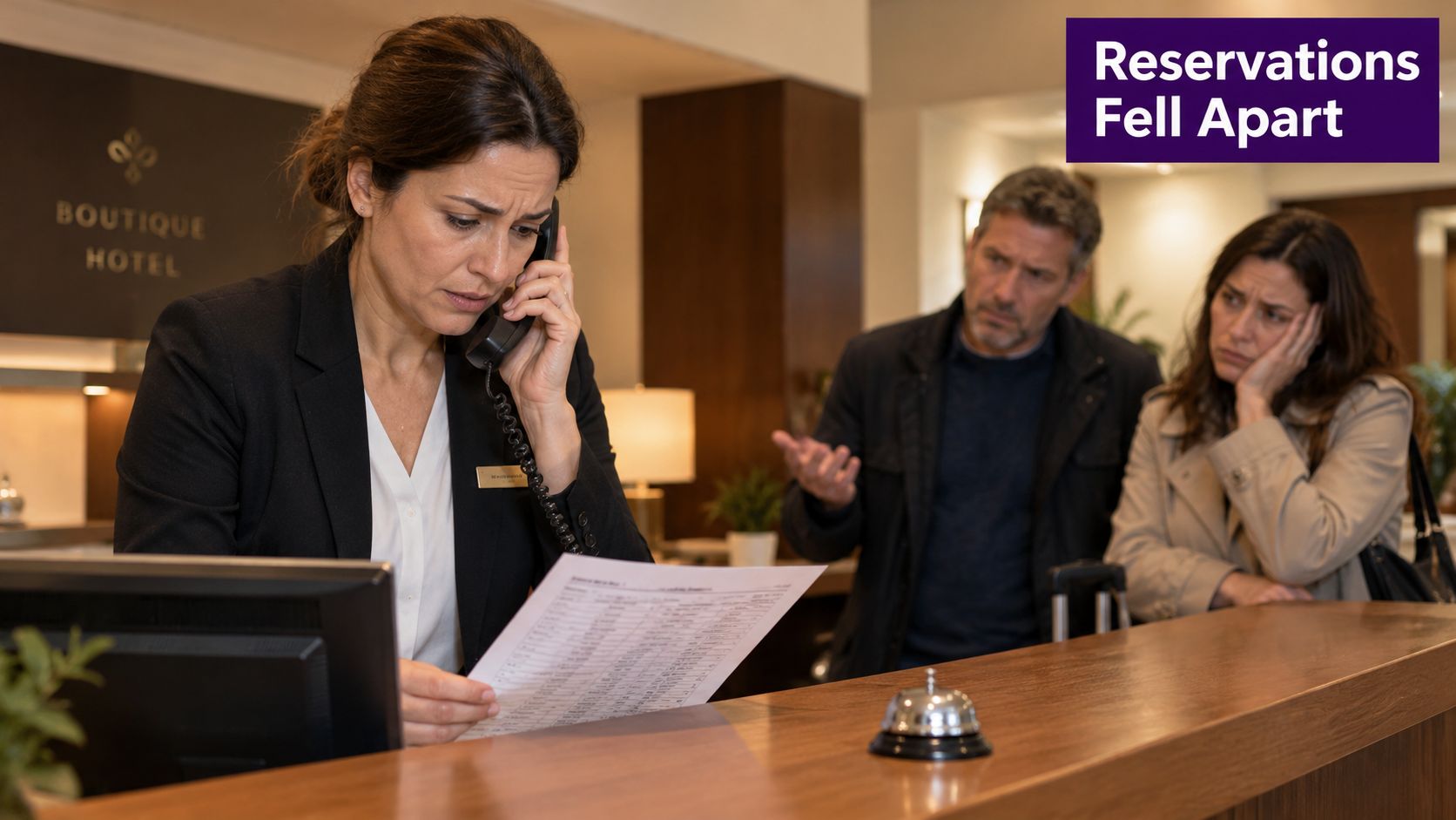 Reservation Management for Modern Businesses 1 A concerned hotel receptionist on a phone call as an unhappy couple waits at the front desk.
