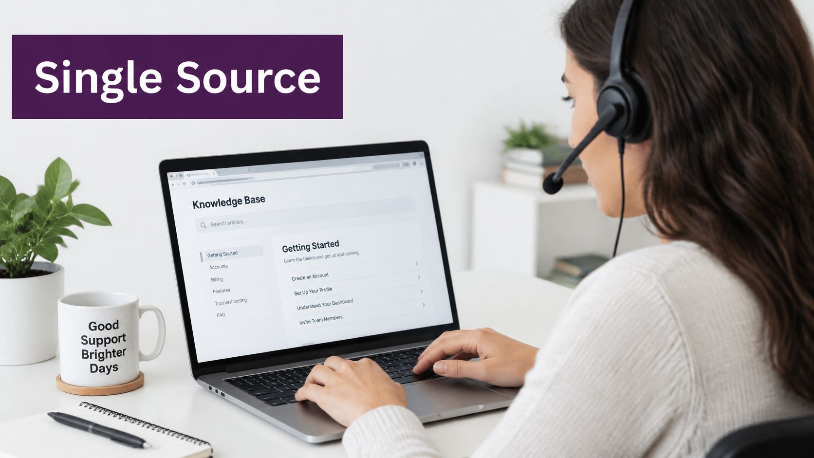 Technical and Customer Support: Differences and Workflows 1 A customer support representative using a laptop to navigate a knowledge base portal for technical assistance.