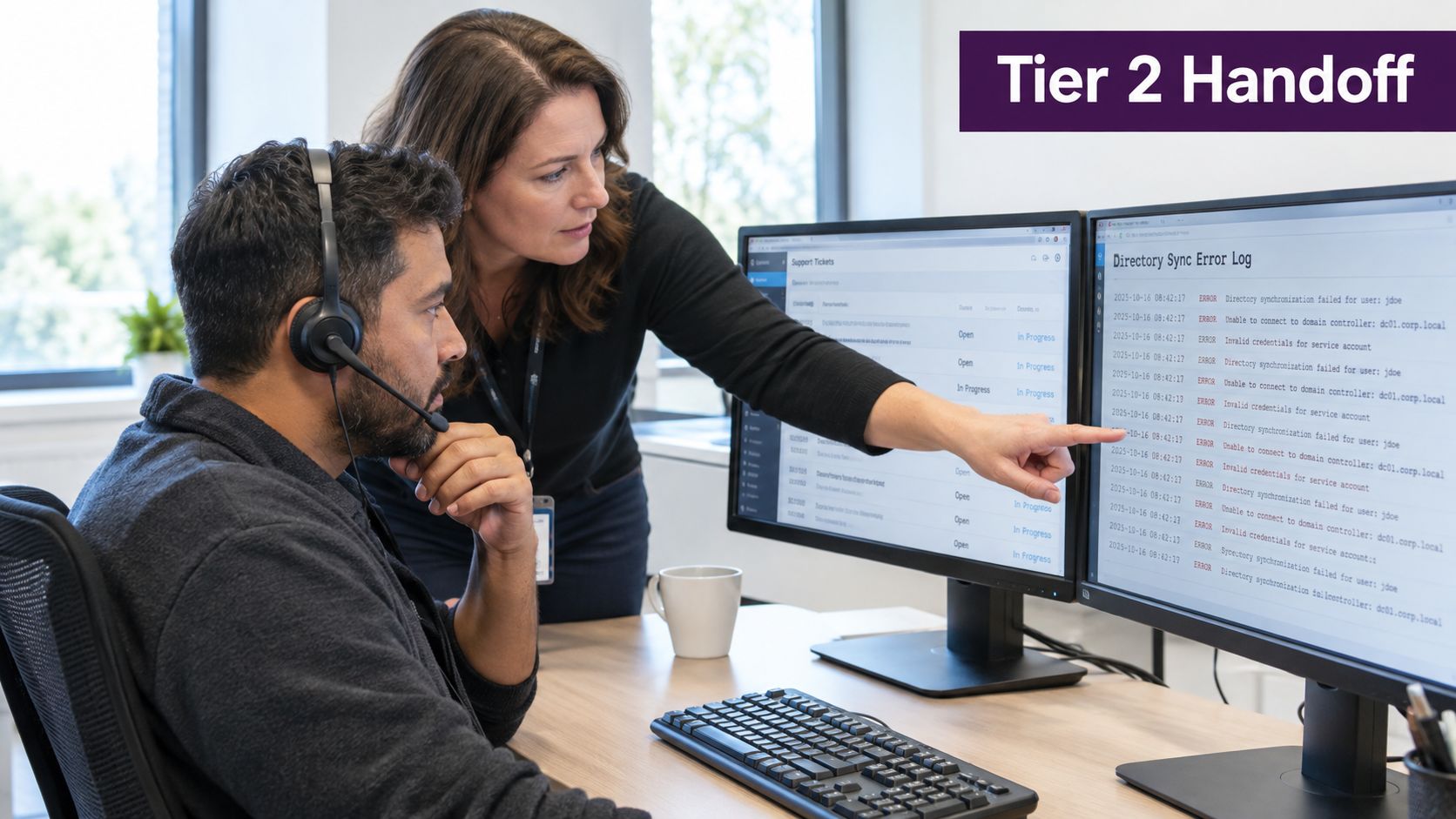 Tier 2 Support Explained for Modern Support Teams 1 An IT manager points to server error logs on a screen to assist a technical support agent.