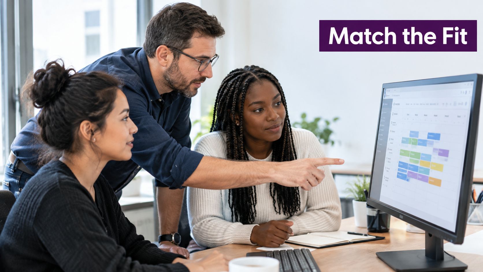 WFM Software Call Center Guide for Better Staffing 4 A diverse team collaborating in a modern office while viewing a workforce management schedule on a monitor.